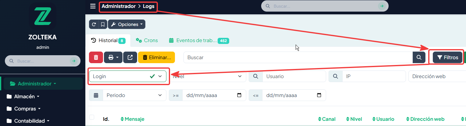 Registro de accesos y bloqueos en canal Login
