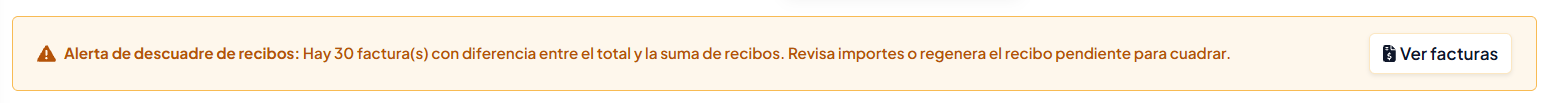 Banner de advertencia de descuadre entre facturas y recibos