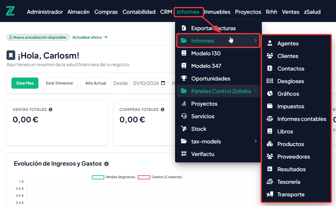 Submenú Informes > Informes