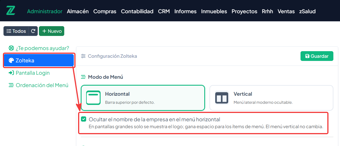 Opción para ocultar el nombre de la empresa en el menú horizontal