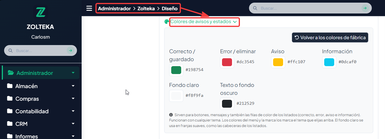 Panel de colores de avisos y estados
