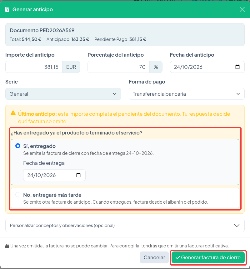Asistente con la pregunta del último anticipo