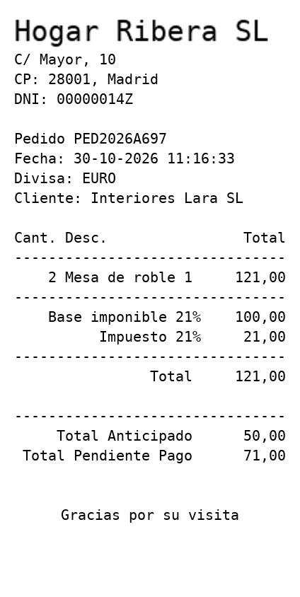 Ticket de 58 mm con Total Anticipado y Total Pendiente Pago