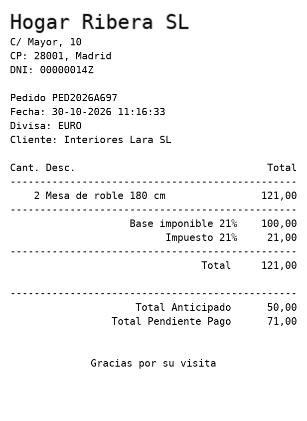 Ticket de 80 mm con Total Anticipado y Total Pendiente Pago
