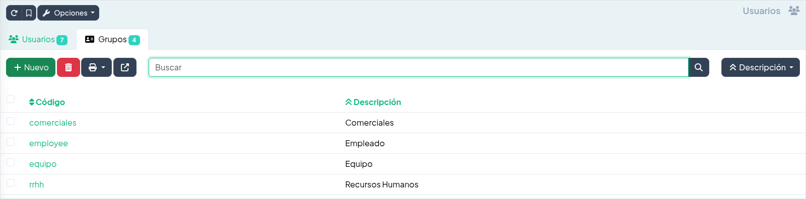 Lista de grupos en Administrador → Usuarios