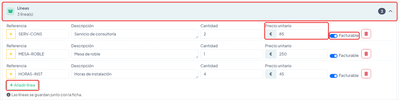 Bloque de líneas en una ficha: cabecera Líneas, Precio unitario, Facturable y Añadir línea